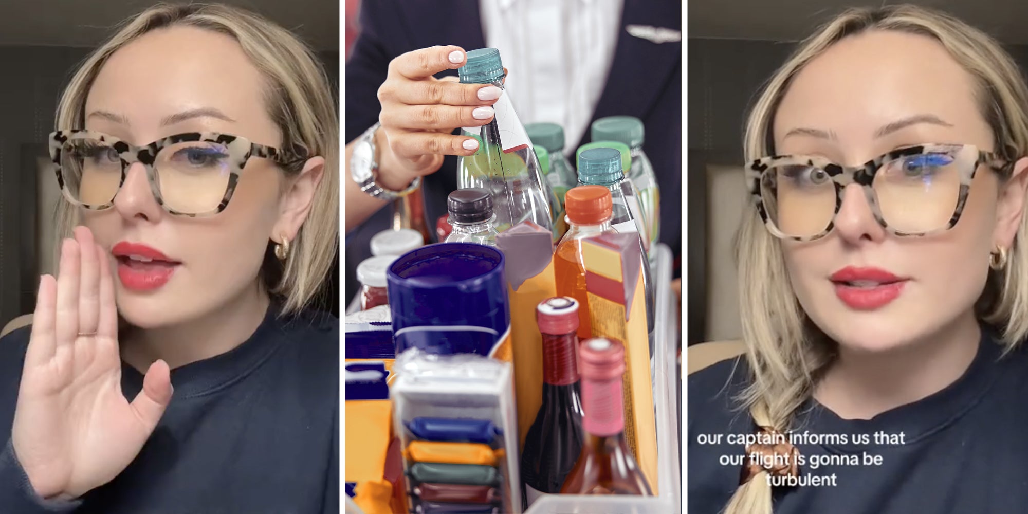 Woman talking(l+r), Flight attendant with drink cart(c)