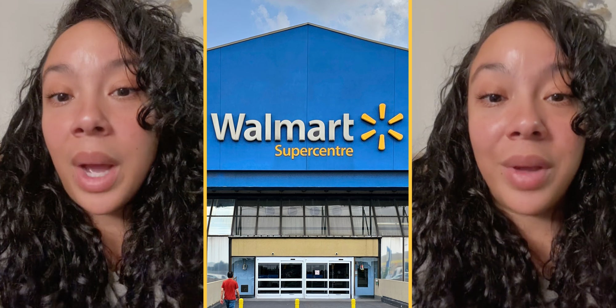 Woman talking(l+r), Walmart storefront(c)