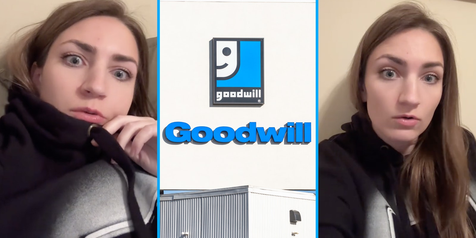 Woman looking shocked(l+r), Goodwill sign(c)