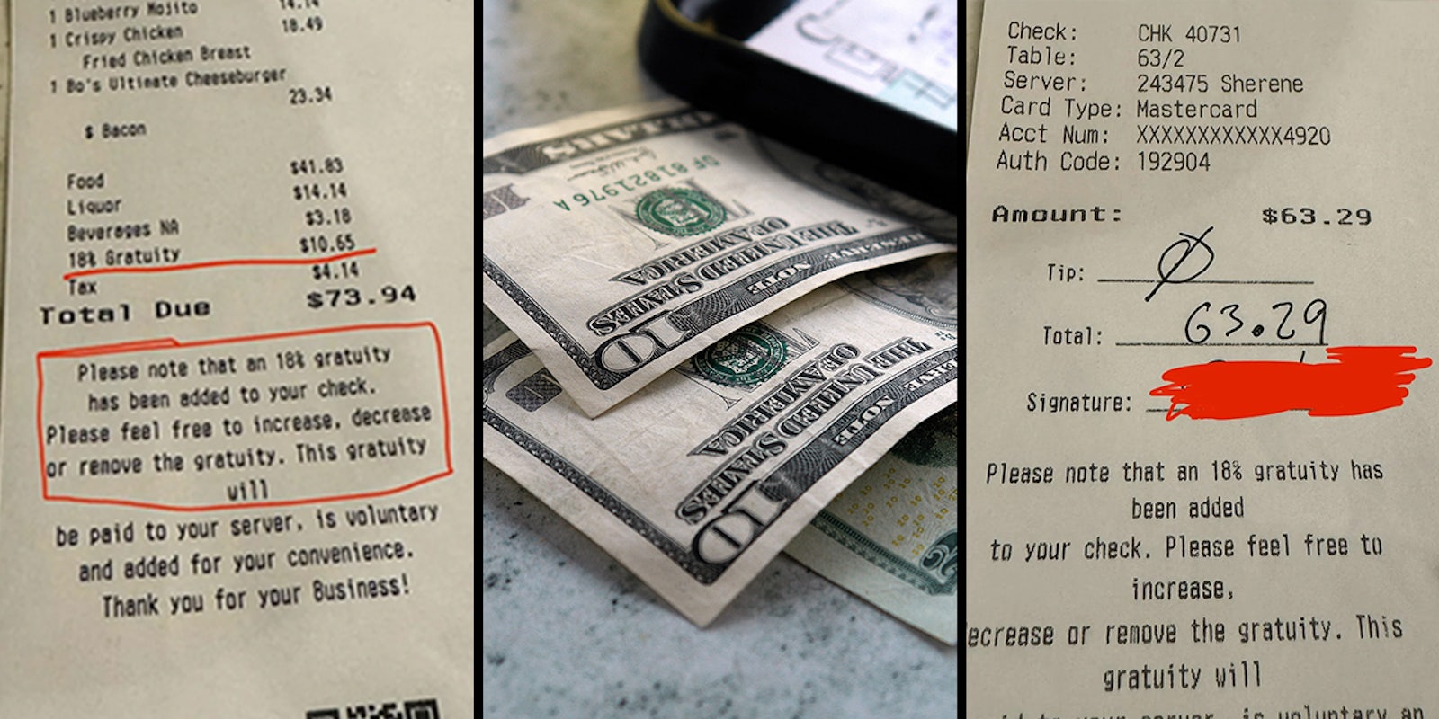 restaurant bill with text circled in red (l) tip with check (c) restaurant bill (r)