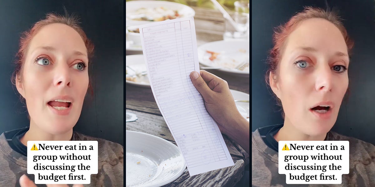 woman speaking with caption 'Never eat in a group without discussing the budget first.' (l) hand holding dinner bill (c) woman speaking with caption 'Never eat in a group without discussing the budget first.' (r)