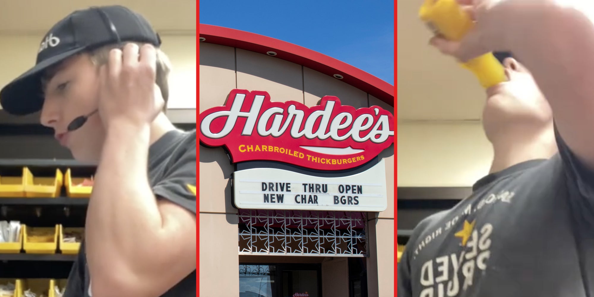 Cashier talking into headset(l), Hardee's storefront(c), Cashier drinking orange juice(r)