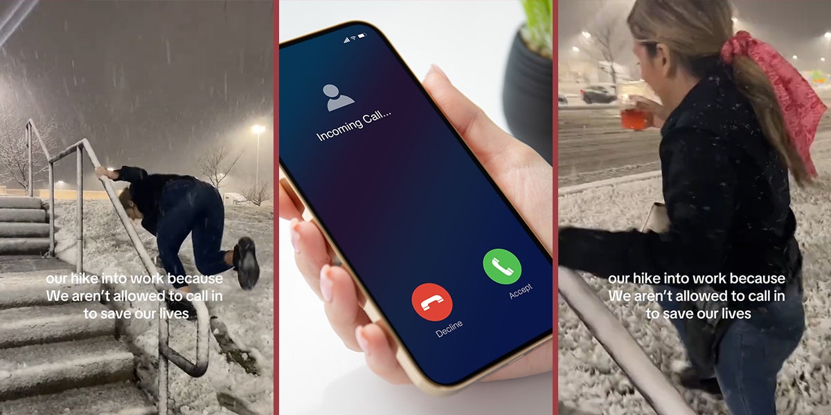 worker walking in snow holding on to railing with caption 'our hike into work because we aren't allowed to call in to save our lives' (l) hand holding phone with incoming call (c) worker walking in snow holding on to railing with caption 'our hike into work because we aren't allowed to call in to save our lives' (r)