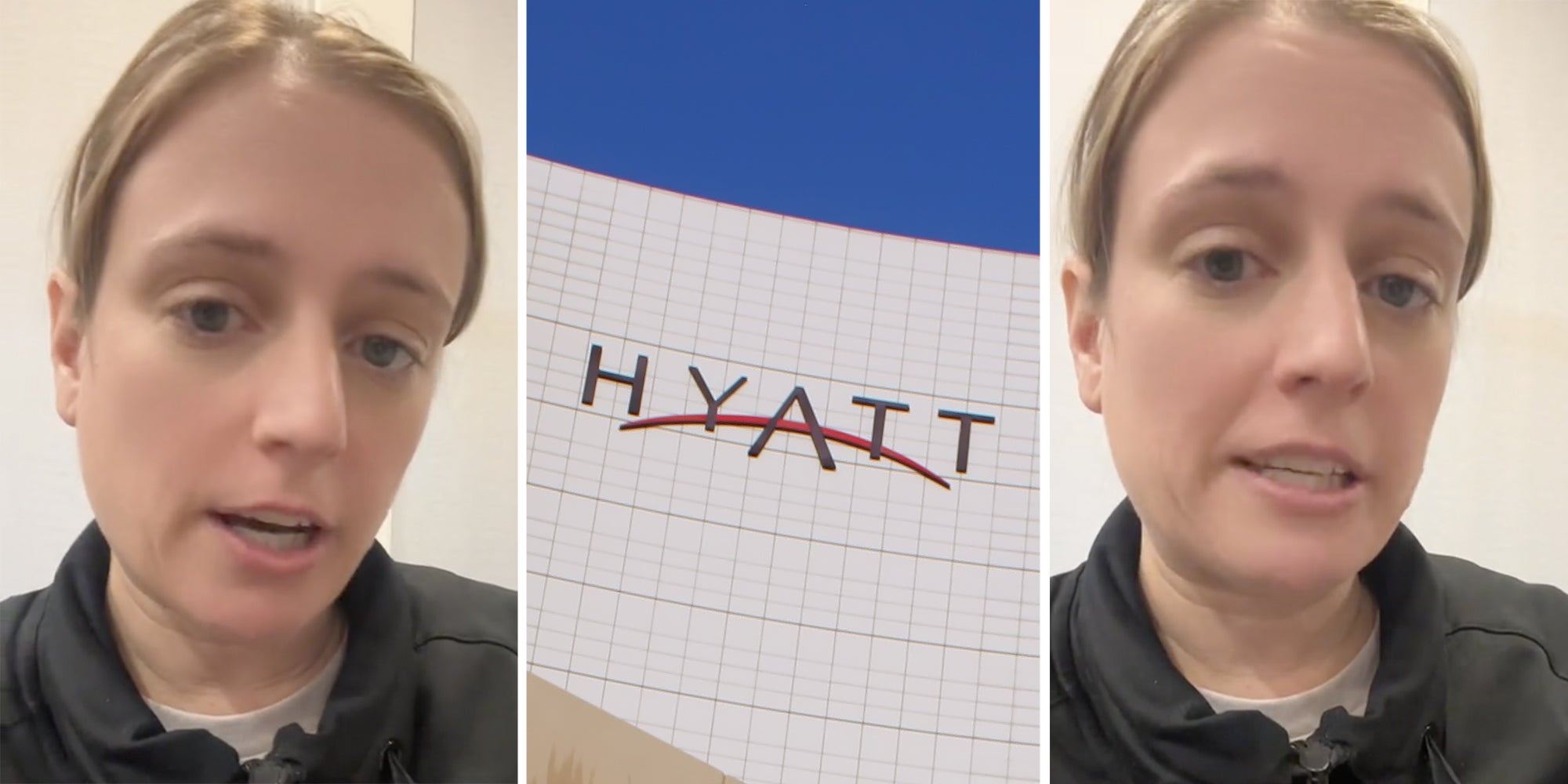 Woman talking(l+r), Hyatt hotel(c)