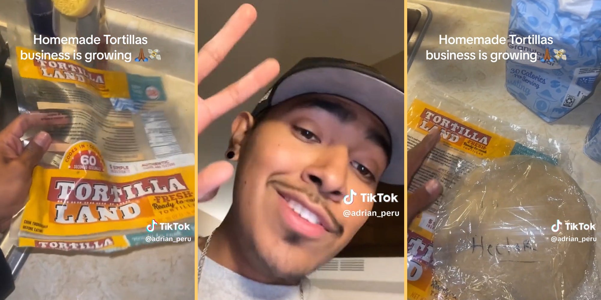 hand holding empty tortilla bag (l) young man (c) tortillas in plastic wrap with 'Hector' written on it (r) caption 'Homemade Tortillas business is growing'
