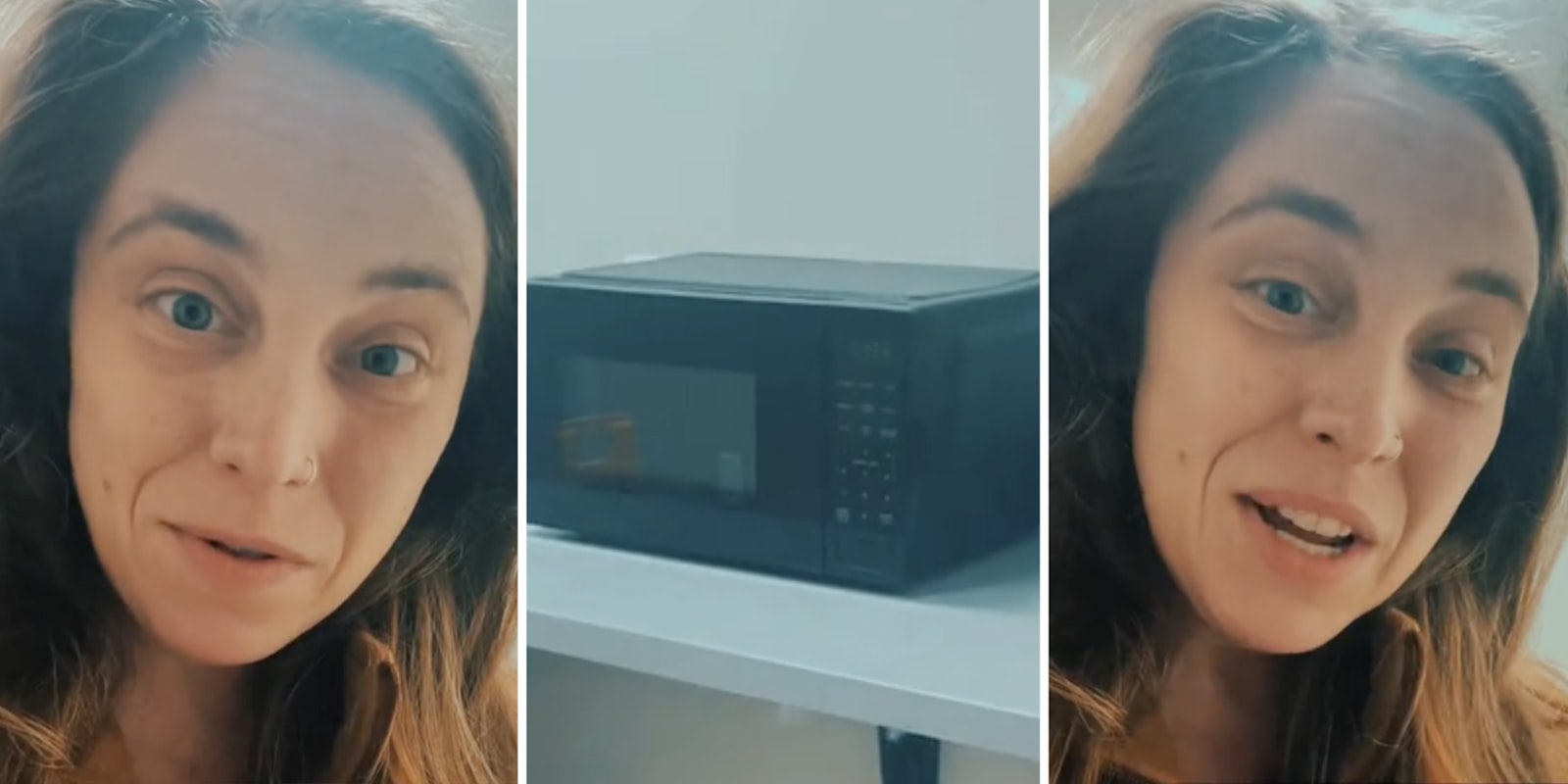 Woman talking(l+r), Microwave on table(c)