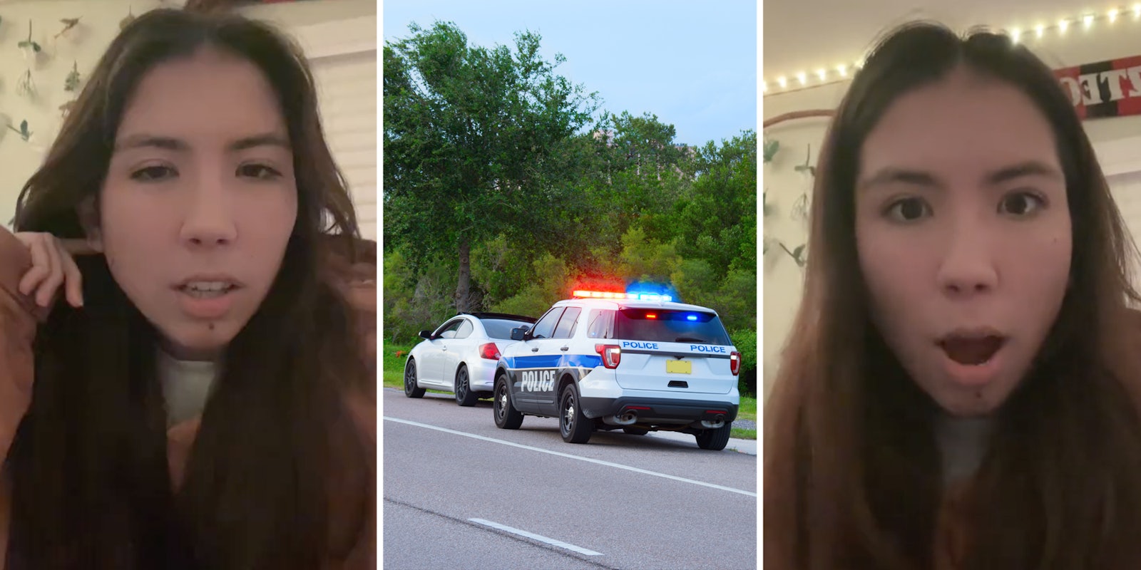 woman talking(l+r), Cop pulling over car(c)