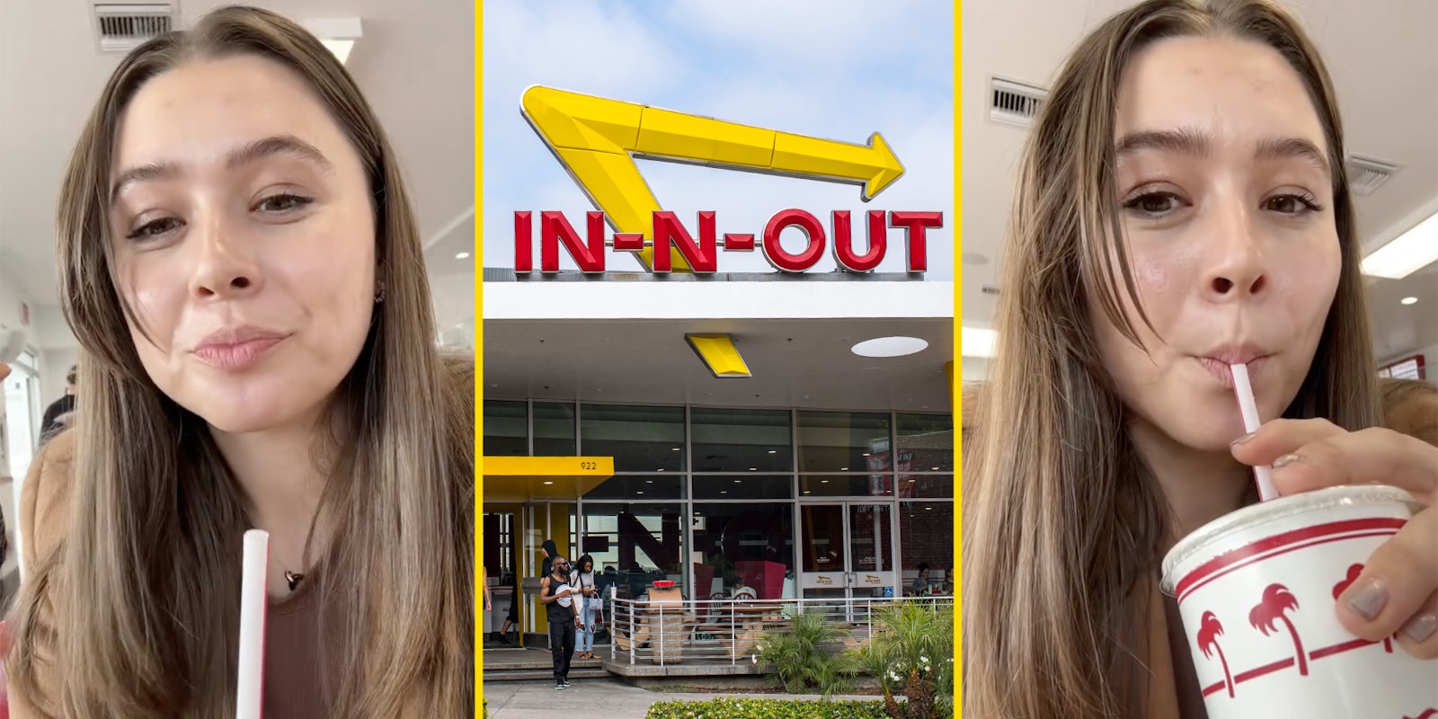 Woman with straw(l), In-n-out burger(c), Woman drinking drink(r)