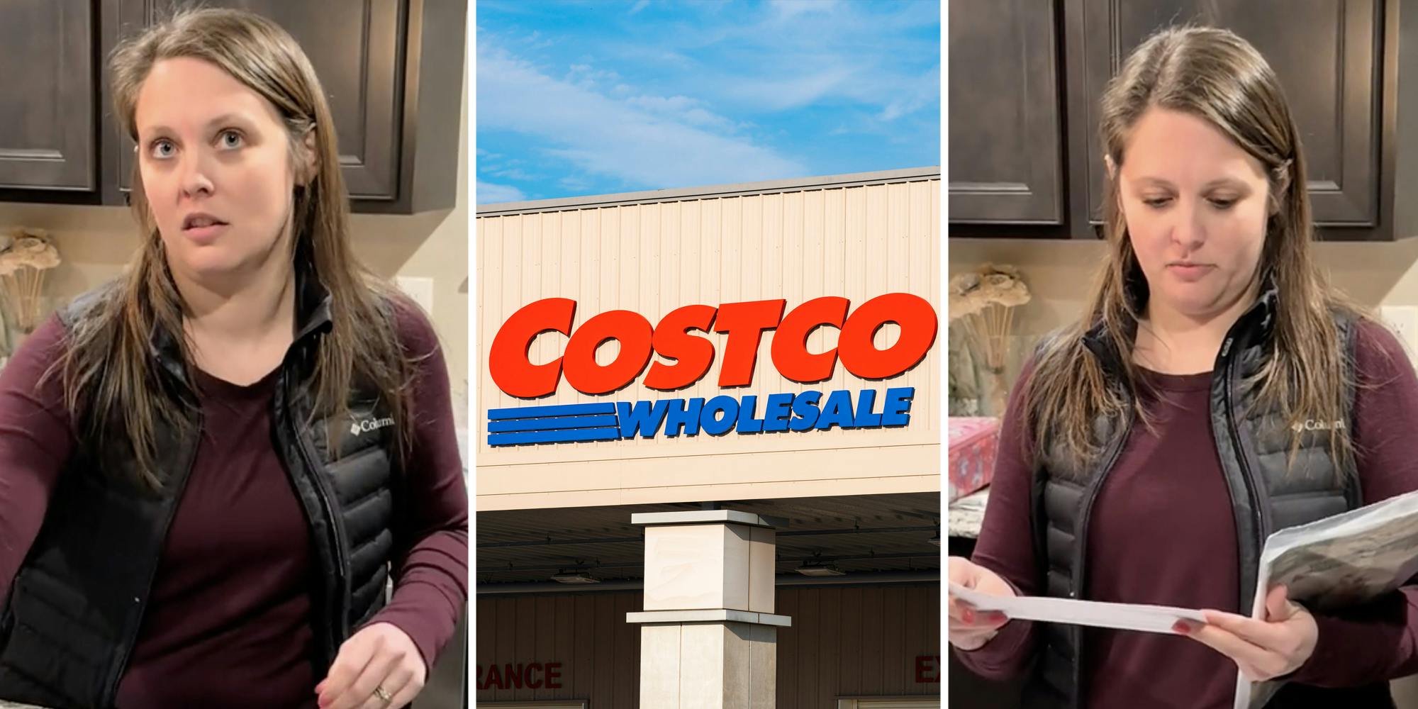 Woman looking over paper(l+r), Costco Storefront(c)