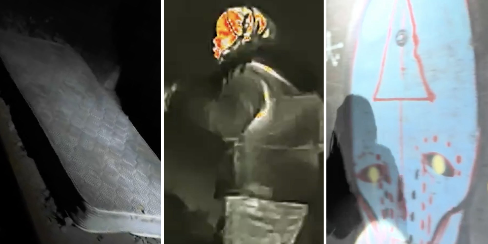 Mattress(l), Radar person(c), Grafitti(r)