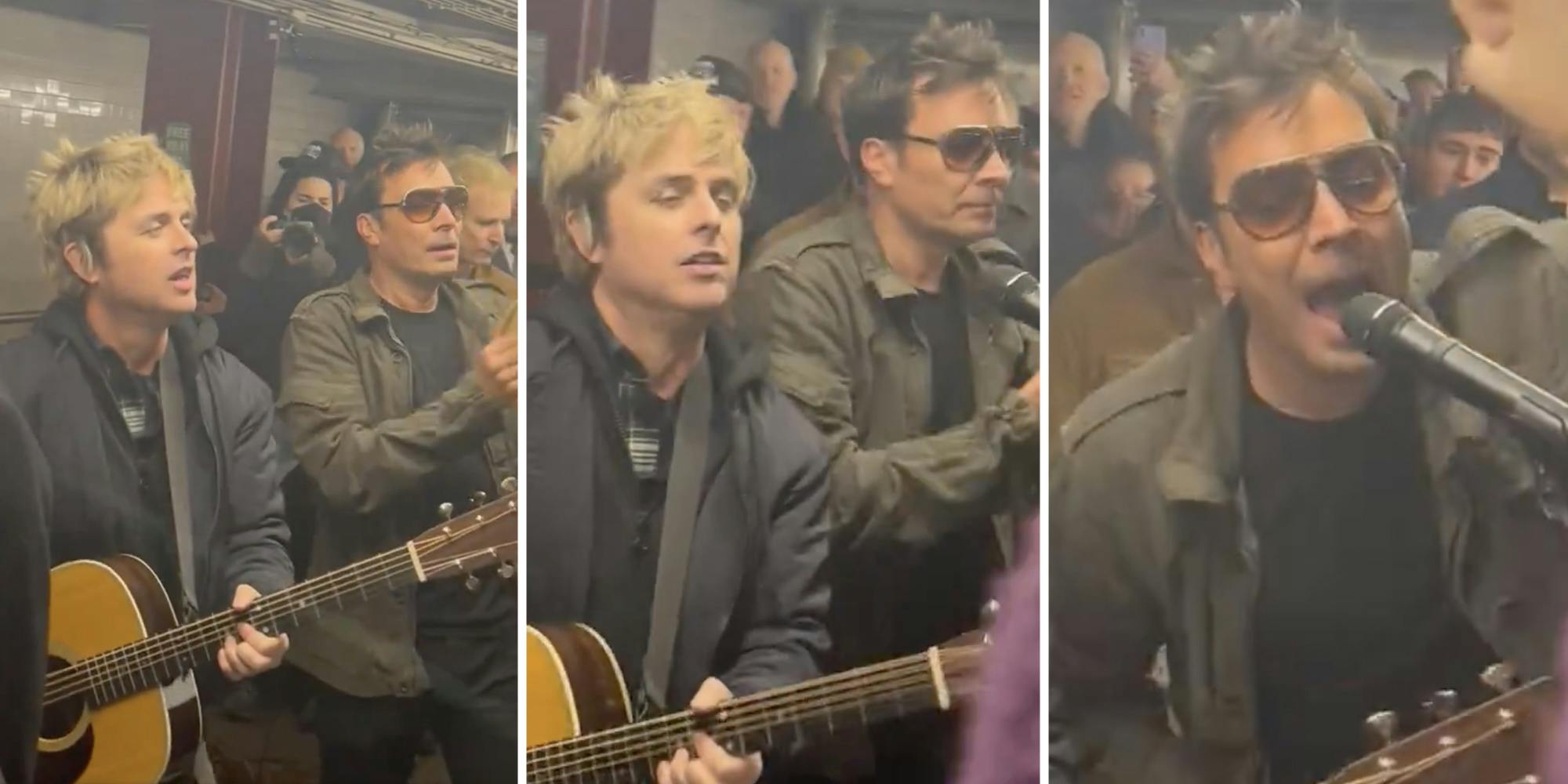 Jimmy Fallon singing with Greenday in the subway(three split)