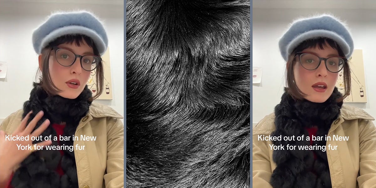 person speaking with caption 'Kicked out of a bar in New York for wearing fur' (l) black fur (c) person speaking with caption 'Kicked out of a bar in New York for wearing fur' (r)