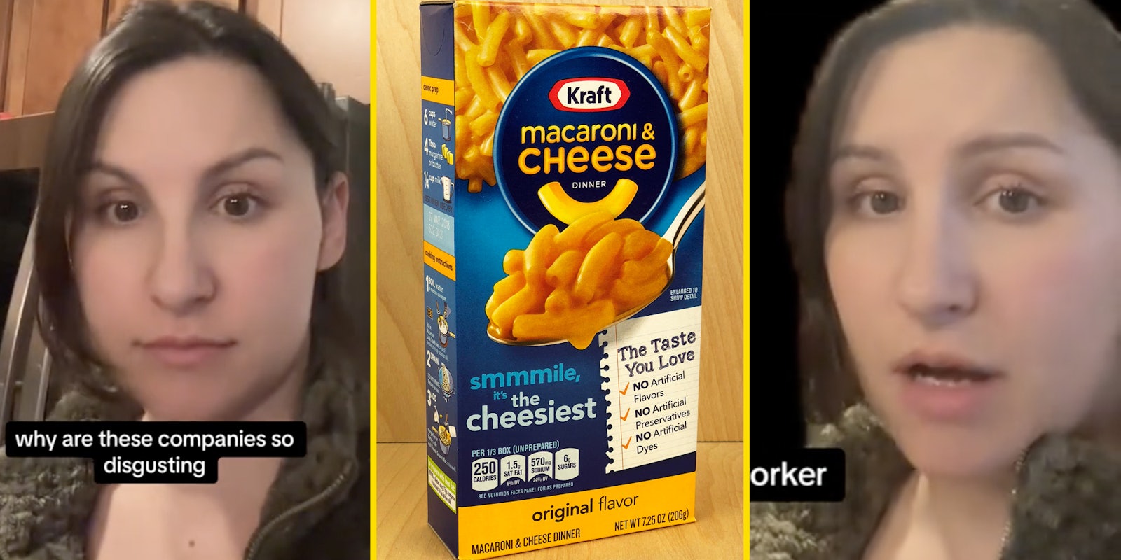 Woman talking(l+r), Kraft Mac&Cheese box(c)