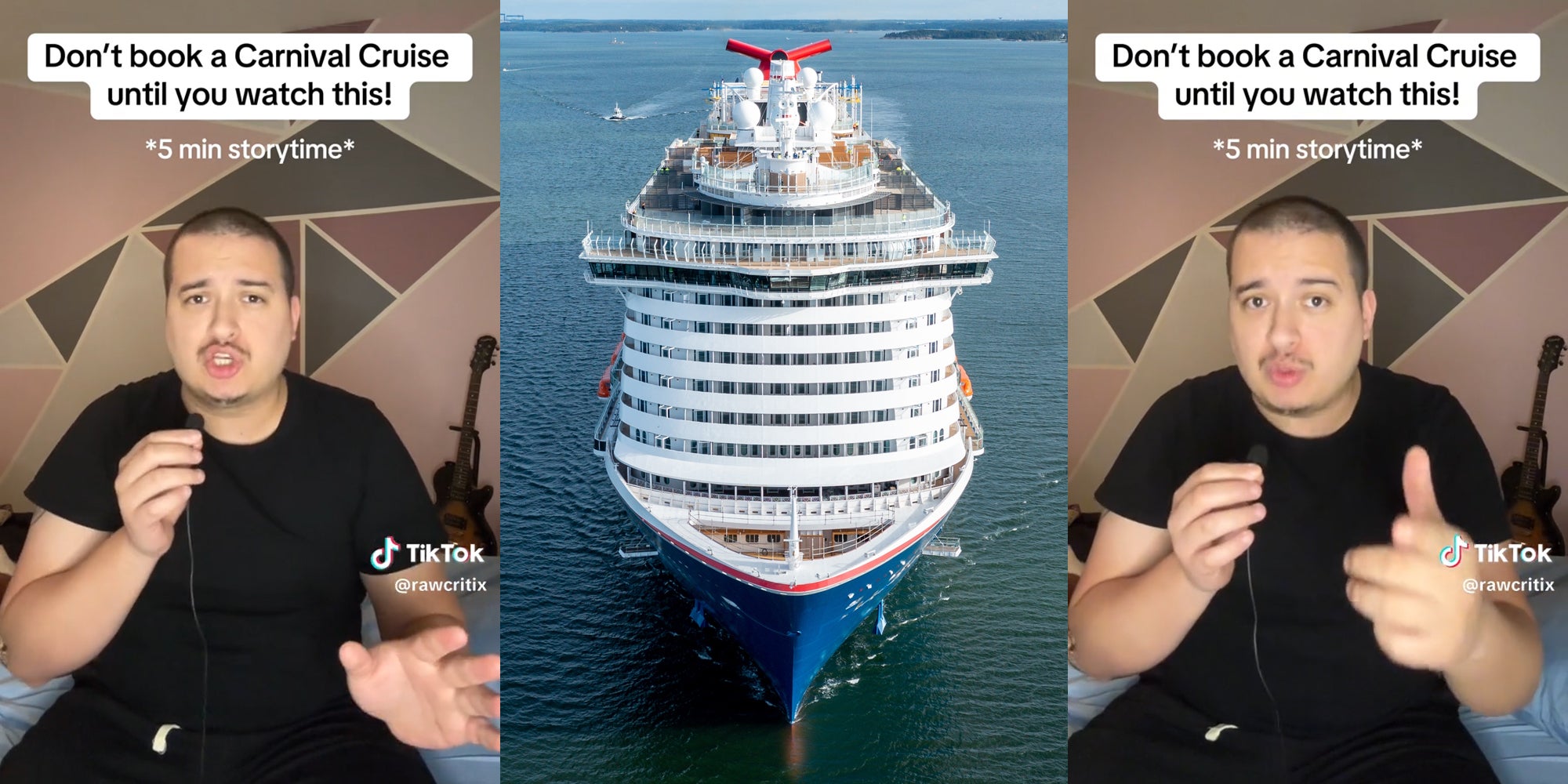 man on bed with caption 'don't book a carnival cruise until you watch this! *5 min storytime*' (l&r) carnival cruise ship (c)