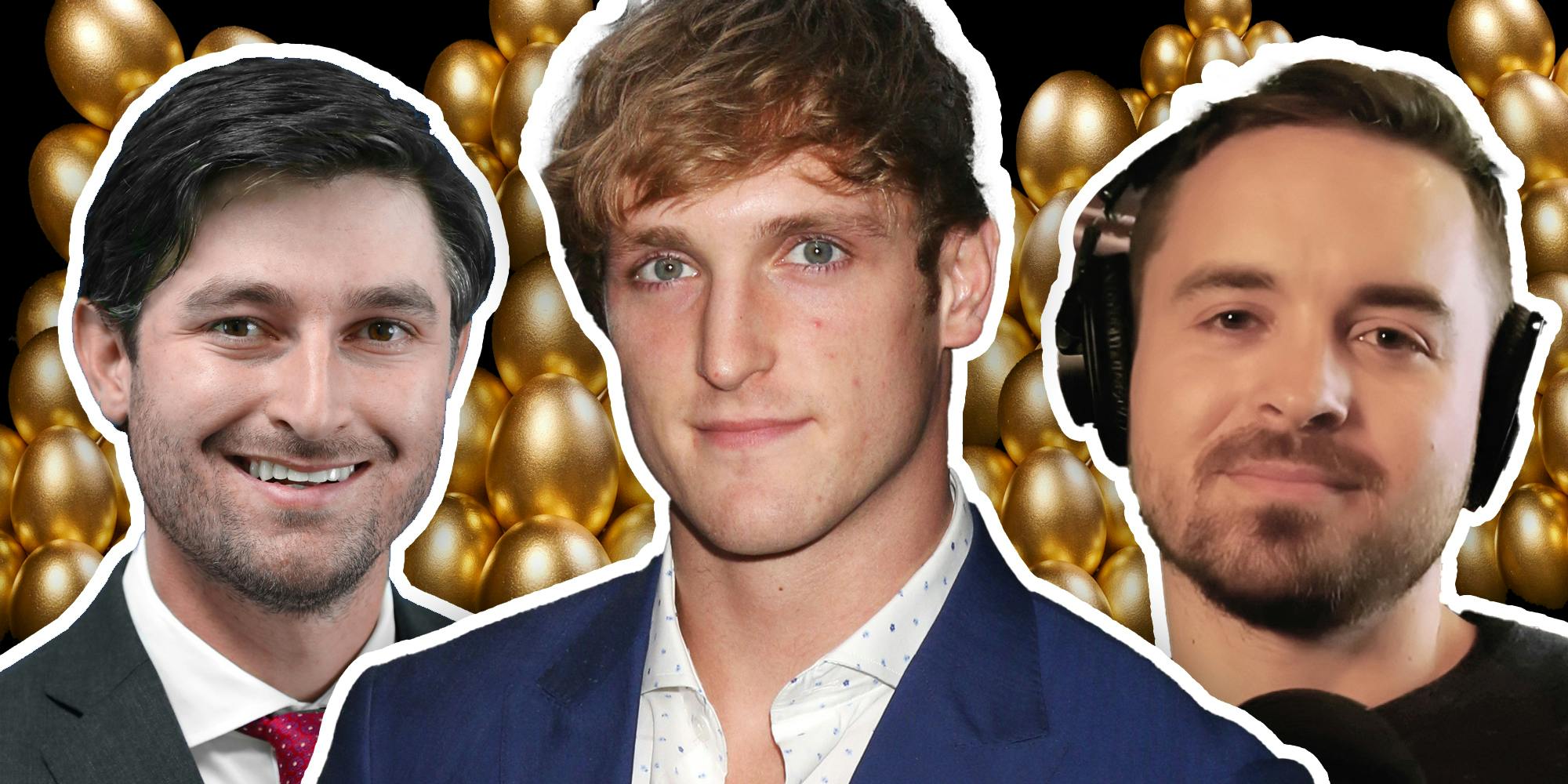 Attorney Tom, Logan Paul, and Coffeezilla in front of golden eggs