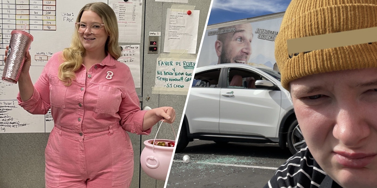 Woman in pink outfit posing(l), Same person upset in front of car with broken windows(r)