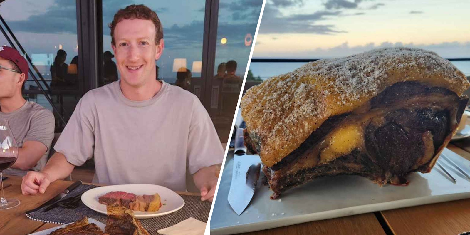 Mark Zuckerberg with plate of steak(l), Steak on plate(r)