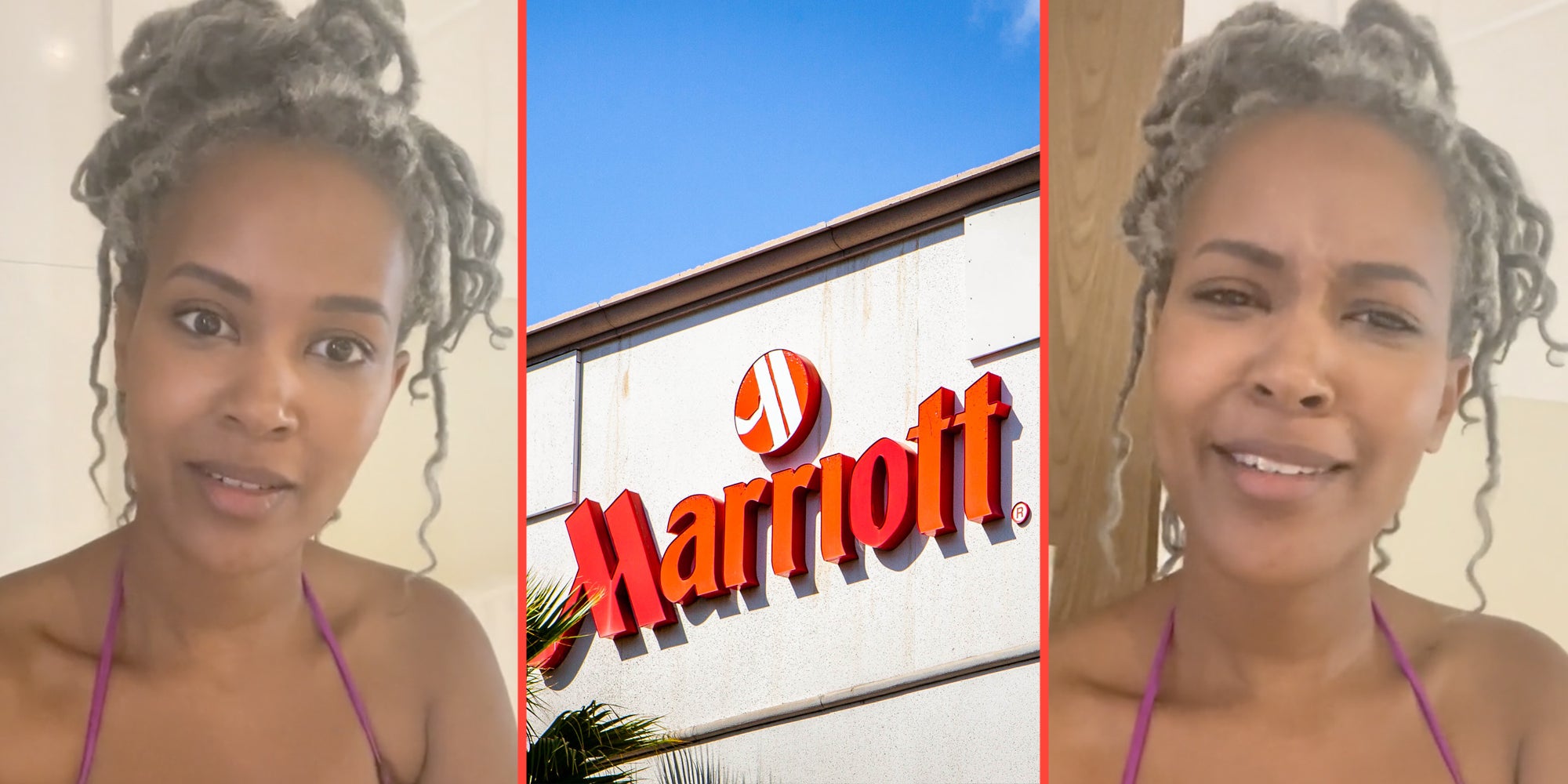 Woman talking(l+r), Marriott hotel(c)