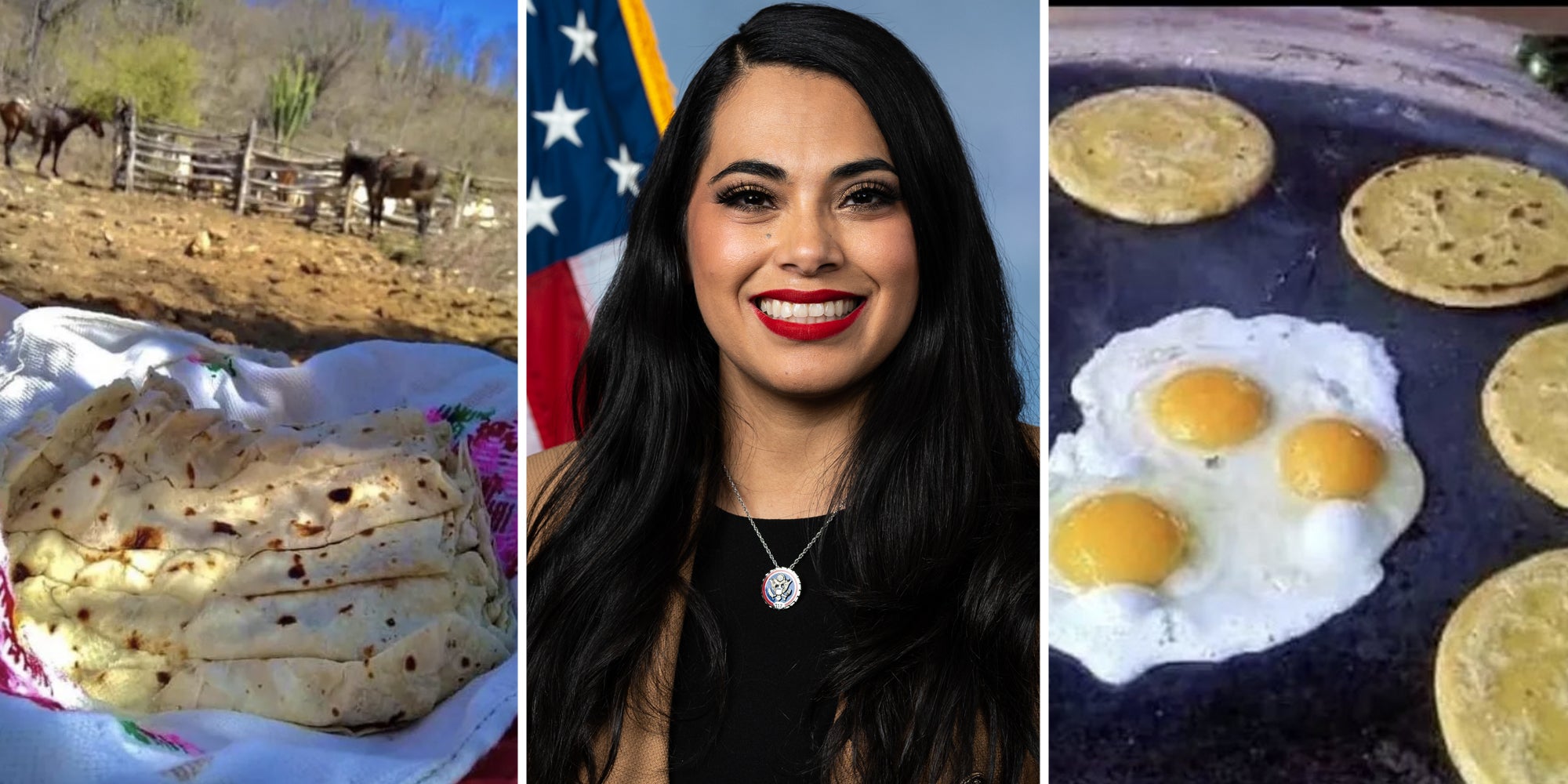 Tortillas in basket(l), Mayra Flores smiling(c), Eggs and tortillas(r)