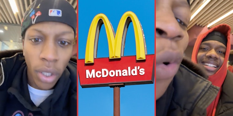 Man talking(l), McDonald's sign(c), Man with friend(r)