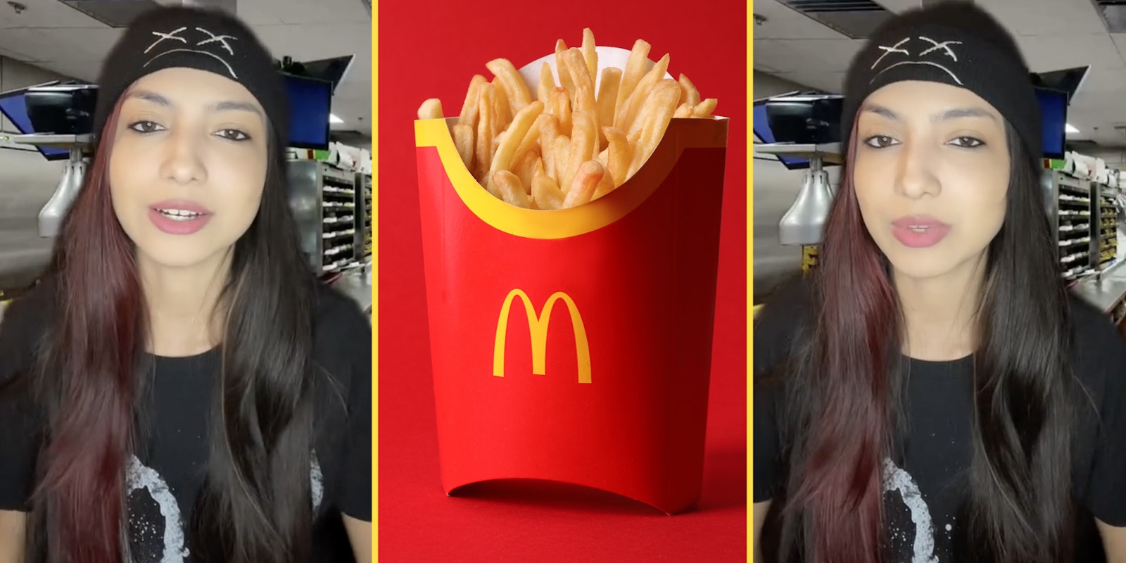Woman talking(l+r), McDonald's french fries