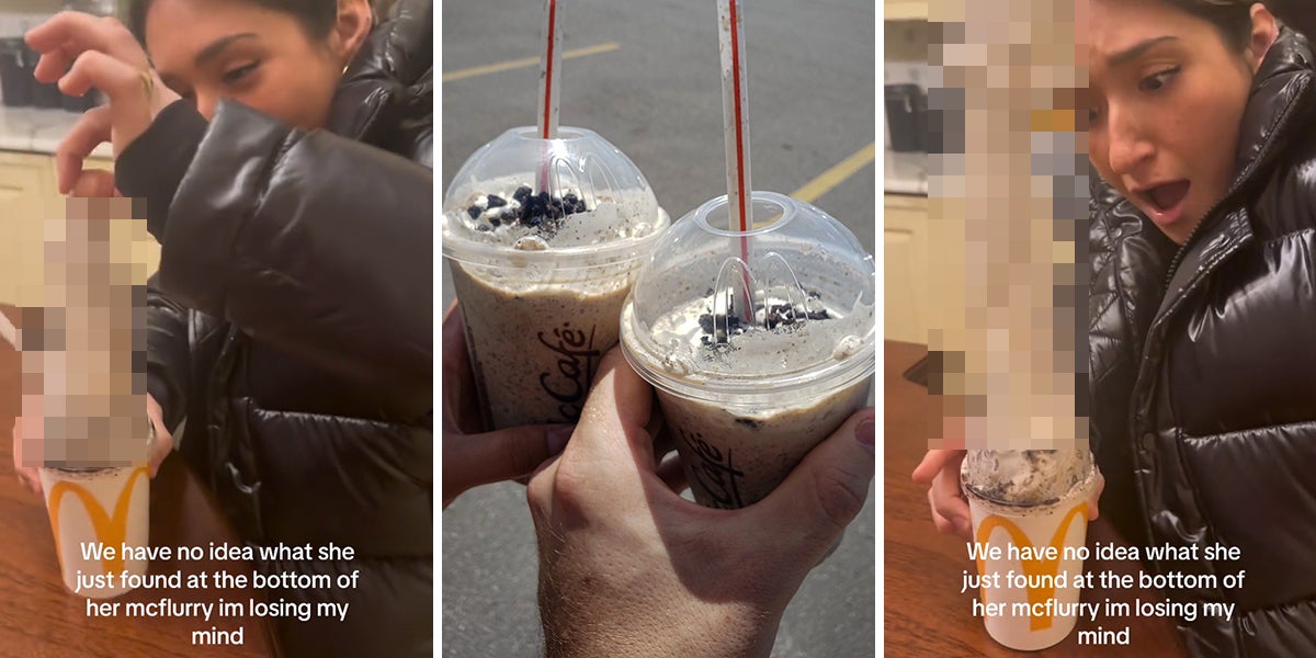 McDonald's customer pulling blurred item from McFlurry with caption 'We have no idea what she just found at the bottom of her mcflurry im losing my mind' (l) mcFlurries in hands (c) McDonald's customer pulling blurred item from McFlurry with caption 'We have no idea what she just found at the bottom of her mcflurry im losing my mind' (r)