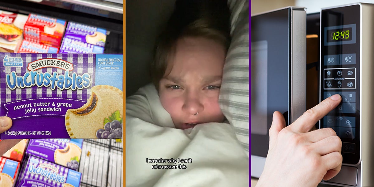 hand holding Uncrustables (l) person speaking with caption 'I wonder why I can't microwave this' (c) hand pressing button on microwave (r)