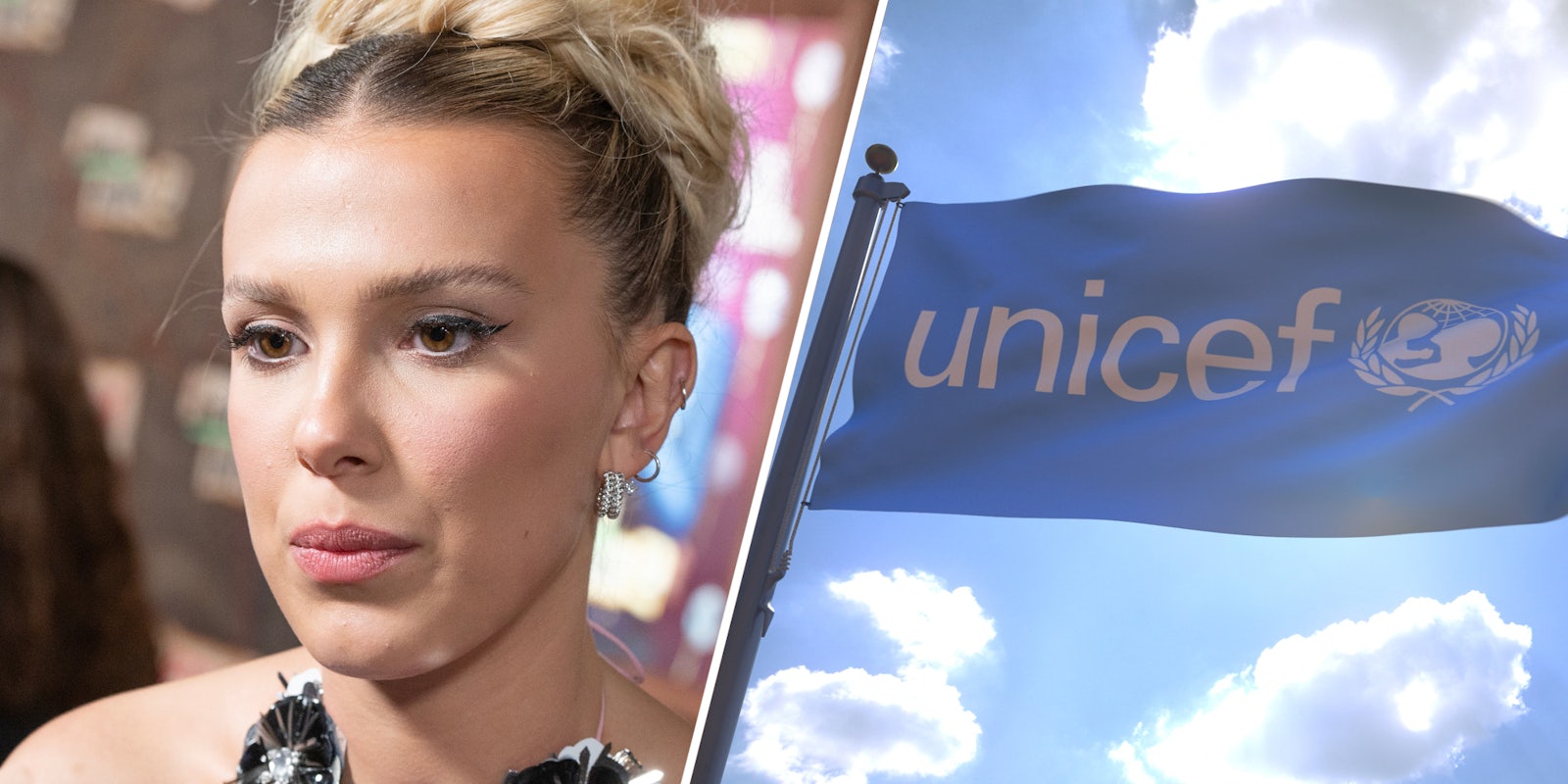 Milly Bobby Brown(l), Unicef flag(r)