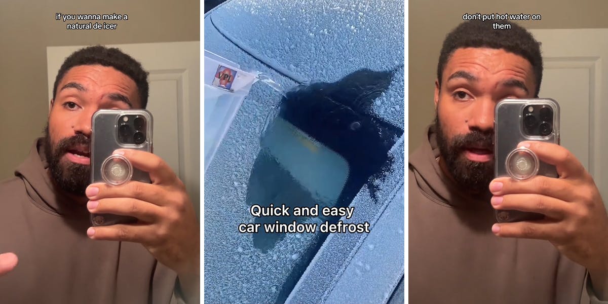 man speaking in mirror with caption "if you wanna make a natural de icer" (l) car windshield with water being poured over ice with caption "Quick and easy car window defrost" (c) man speaking in mirror with caption "don't put hot water on them" (r)