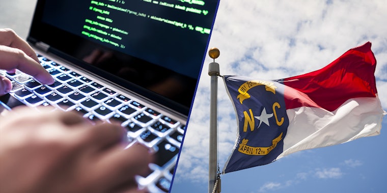 hacker using laptop (l) North Carolina flag with blue sky and clouds (r)
