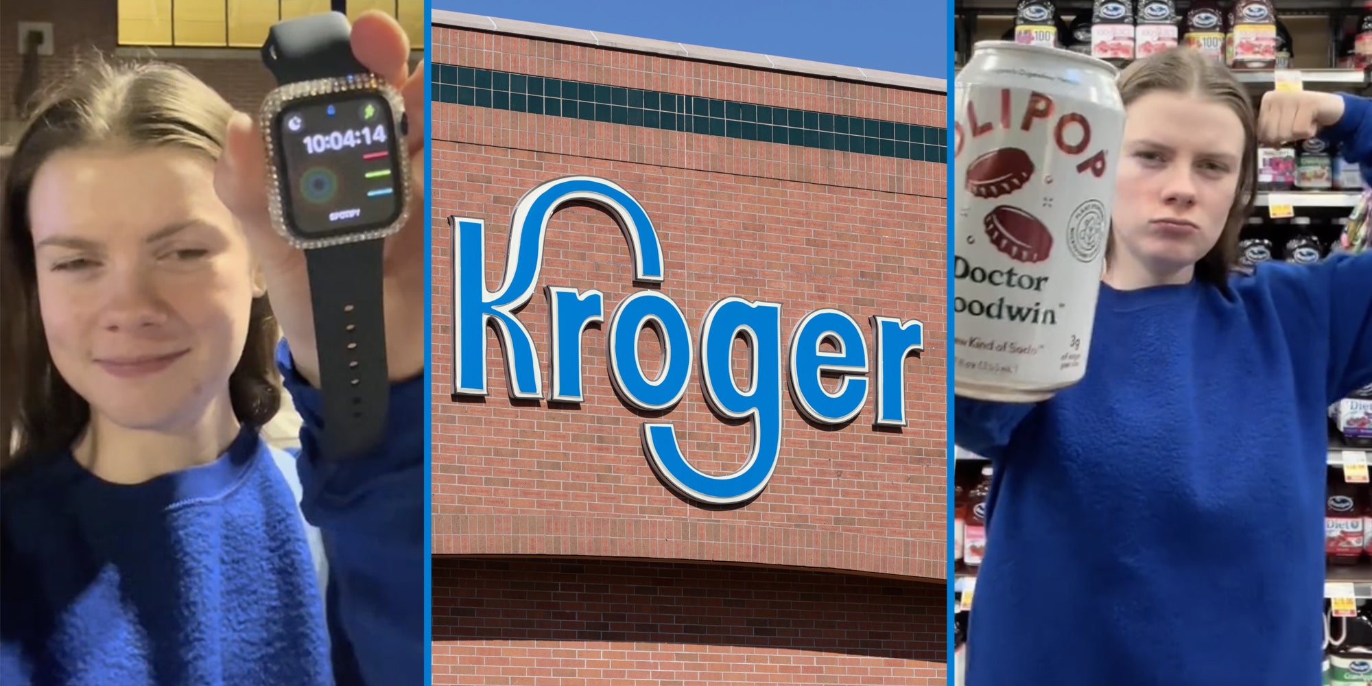 Woman showing off watch(l), Kroger's storefront(c), Woman holding can(r)