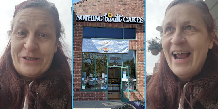 Woman talking(l+r), Nothing Bundt Cakes shop(c)