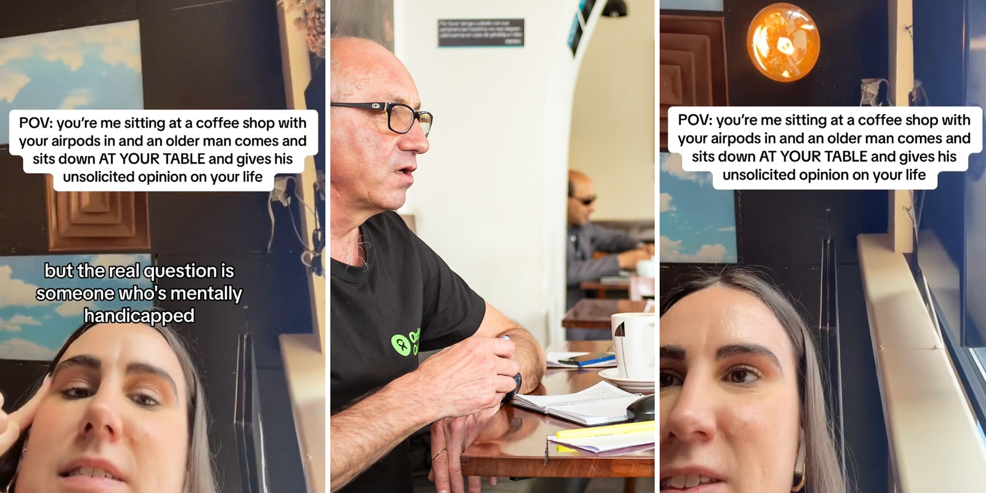 Older man sits down at woman’s table at coffee shop and won’t leave her alone