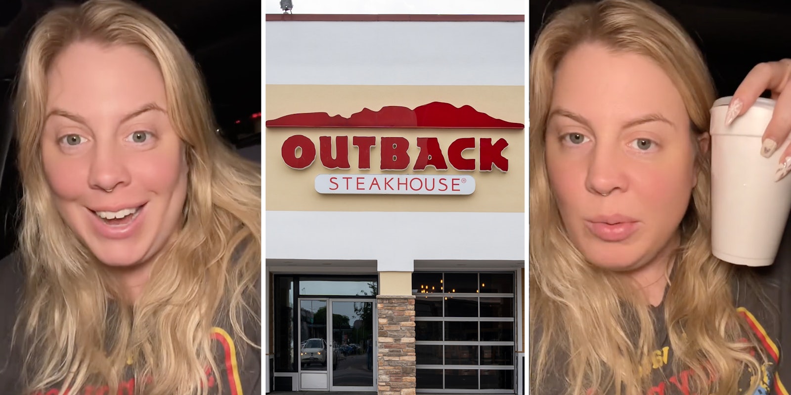 Woman talking(l), Outback Steakhouse(c), Woman with cup(r)