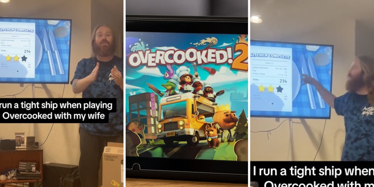 Man with video game in background talking to camera(l), Overcooked 2 game on device(c), Same man pointing to tv(r)