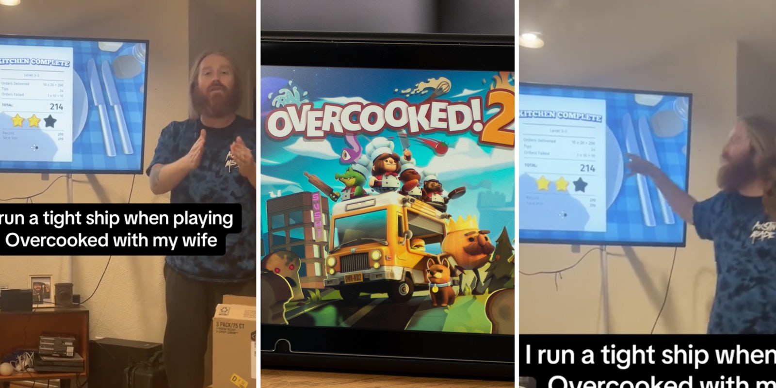 Man with video game in background talking to camera(l), Overcooked 2 game on device(c), Same man pointing to tv(r)