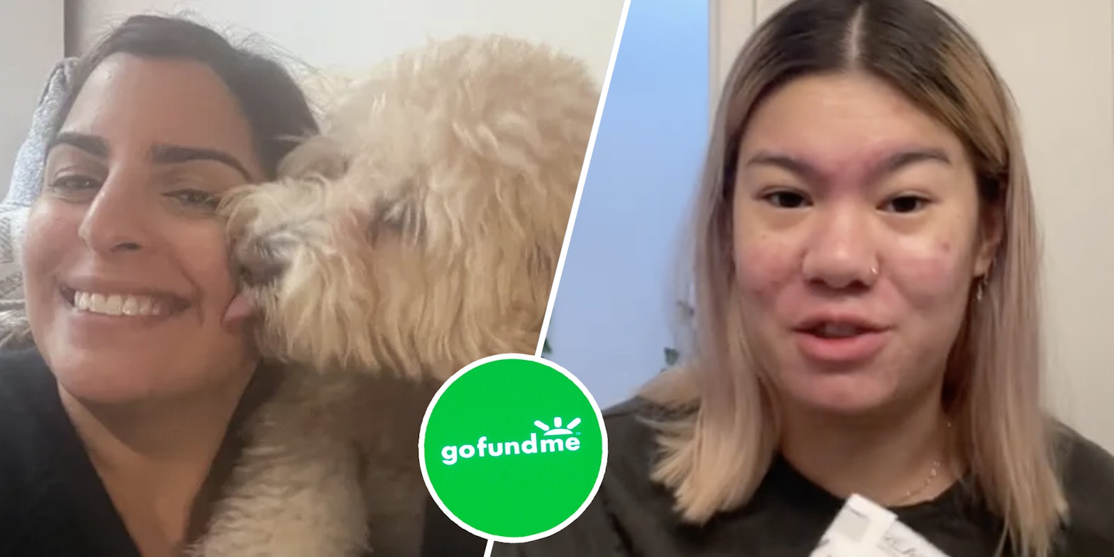 Woman with dog(l), Gofundme logo(c), Woman talking(r)