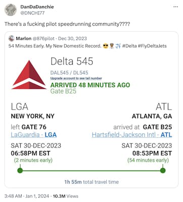 screenshot of Delta pilot's flight time