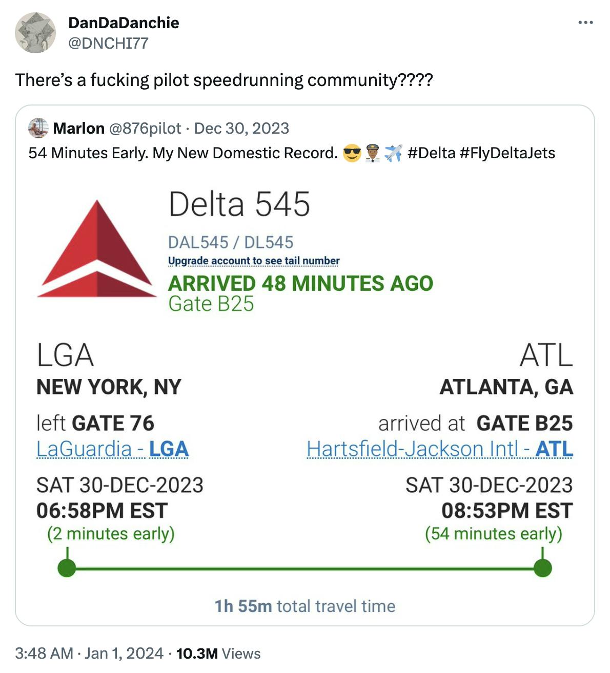 screenshot of Delta pilot's flight time