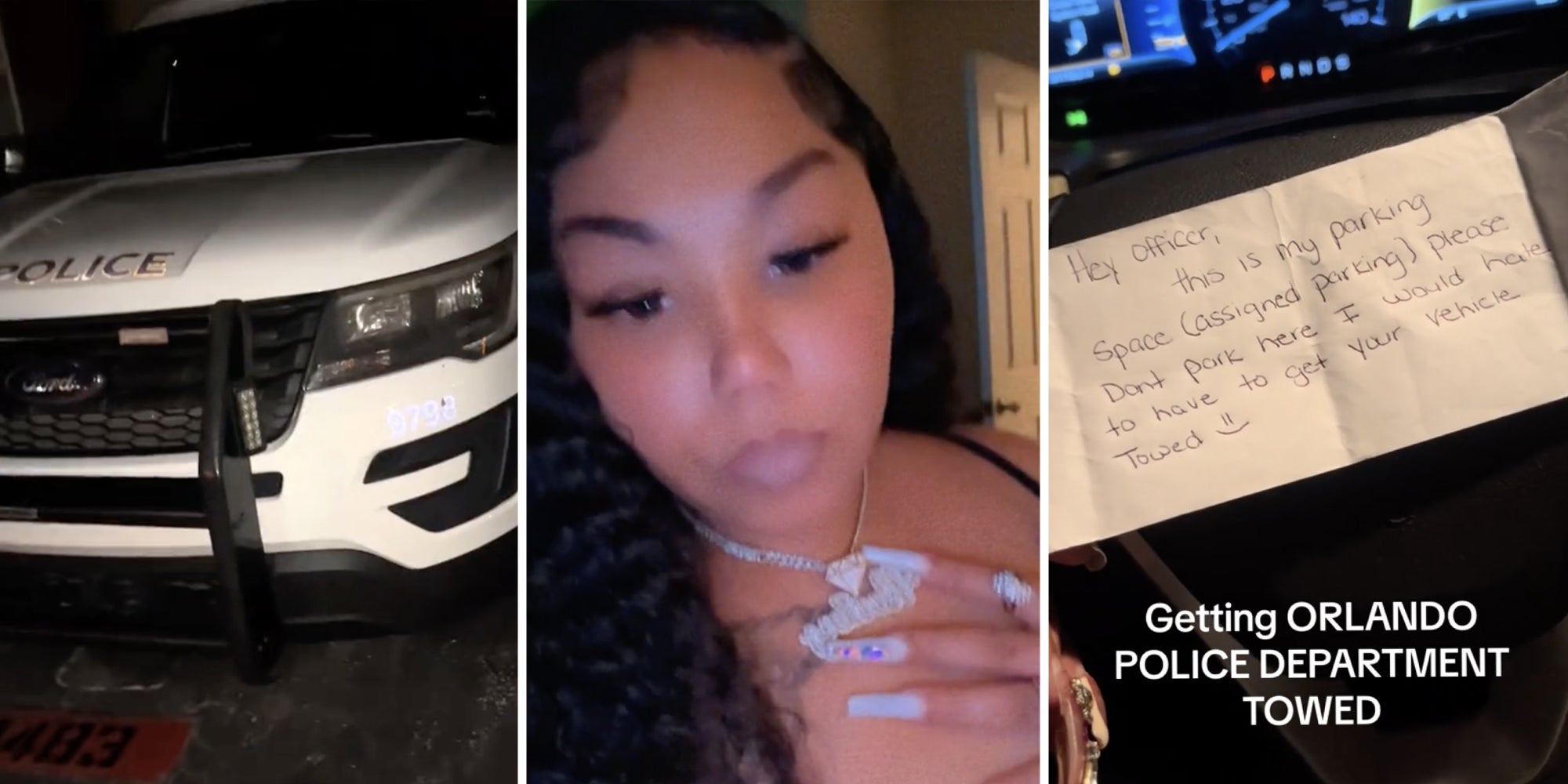 Police car in spot(l), Woman(c), Note to cop(r)