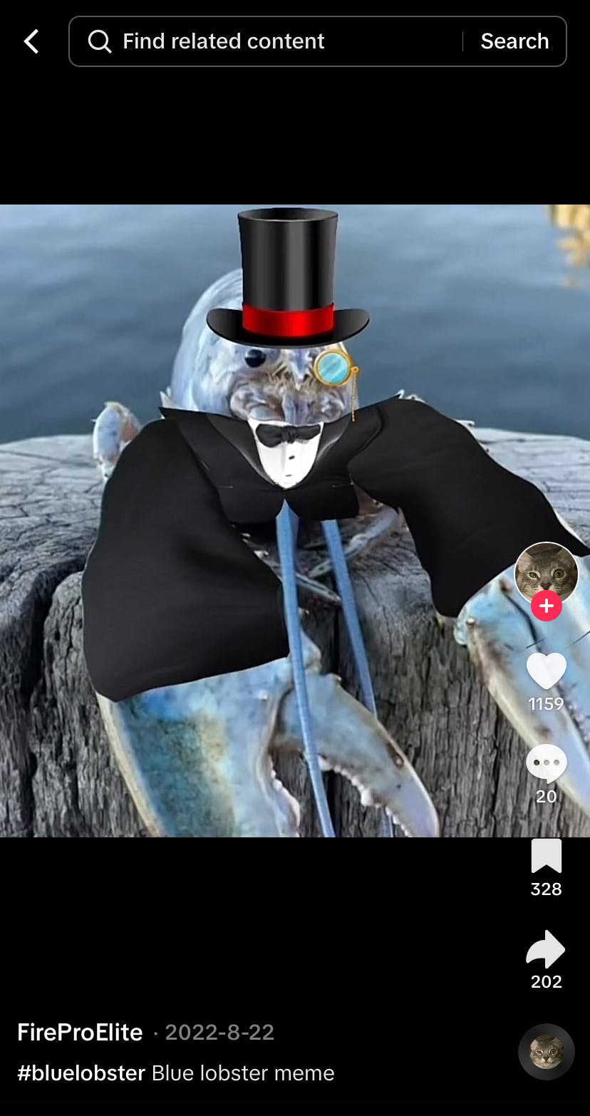 blue lobster dressed in a tuxedo