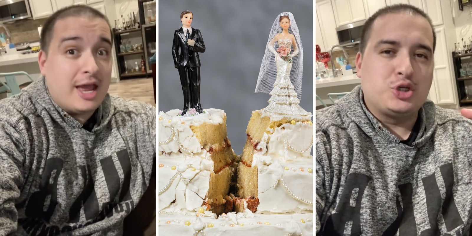 Man talking(l+r), Wedding cake with bride and groom on top split down the center(c)