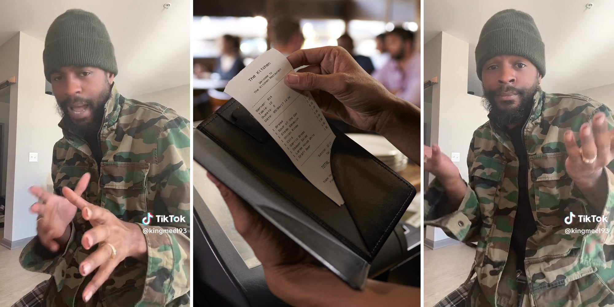 man speaking (l&r) restaurant server with bill (c)