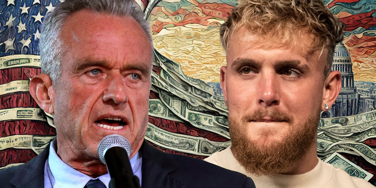 RFK Jr (l) Logan Paul (r) in front of American flag made from money