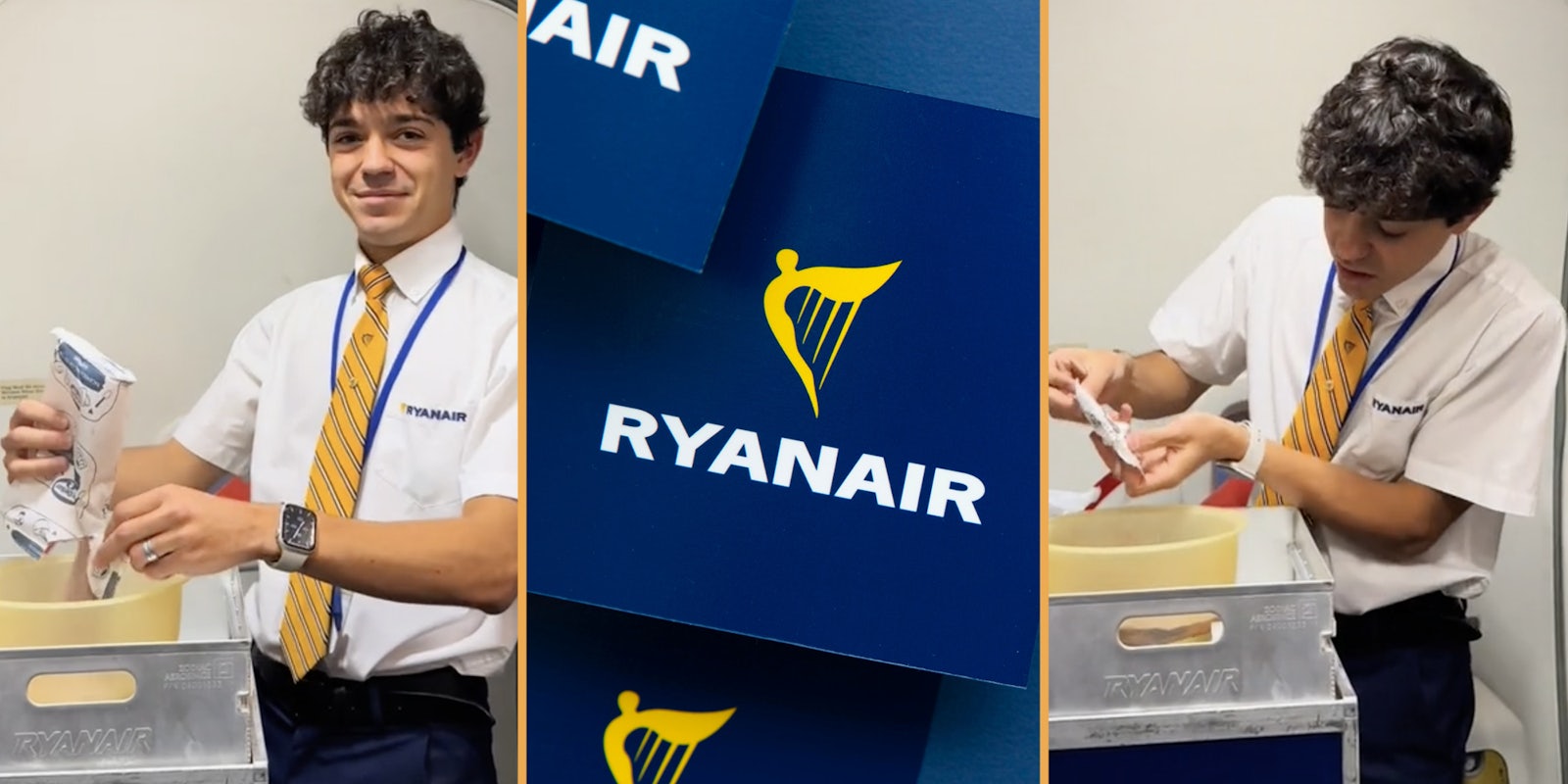 Flight attendant making cake(l+r), Ryan air logo(c)