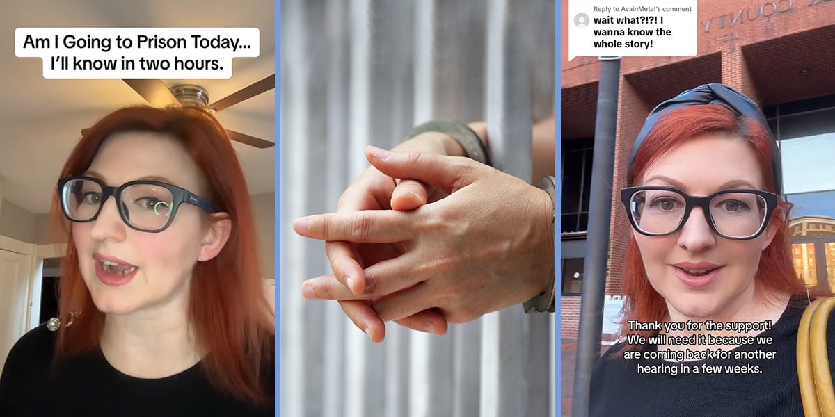 woman speaking with caption "Am I Going to Prison Today... I'll know in two hours" (l) hands in cuffs behind bars (c) woman speaking with caption "Thank you for the support! We will need it because we are coming back for another hearing in a few weeks" (r)