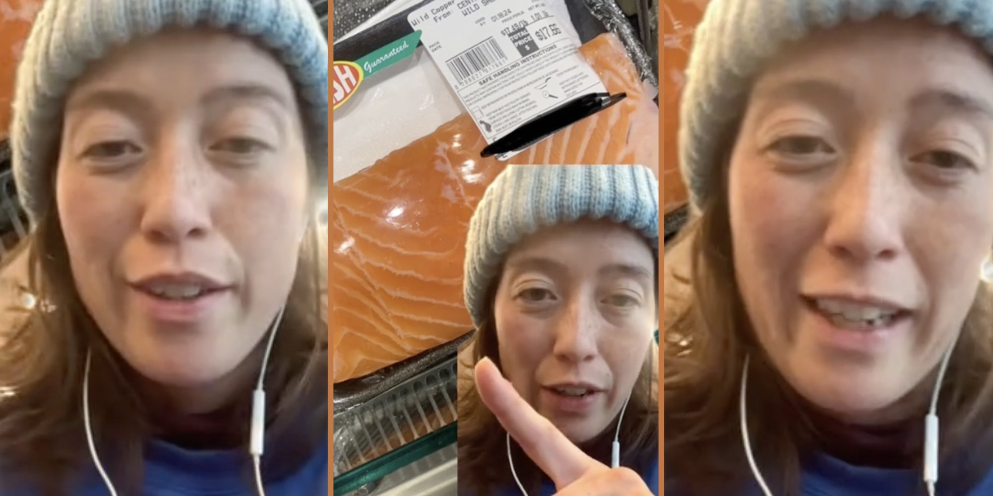 Woman talking(l+r), Woman pointing to salmon(c)