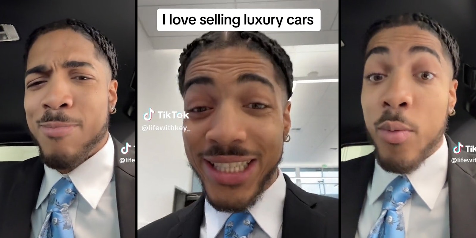 young man in car with caption 'I love selling luxury cars'