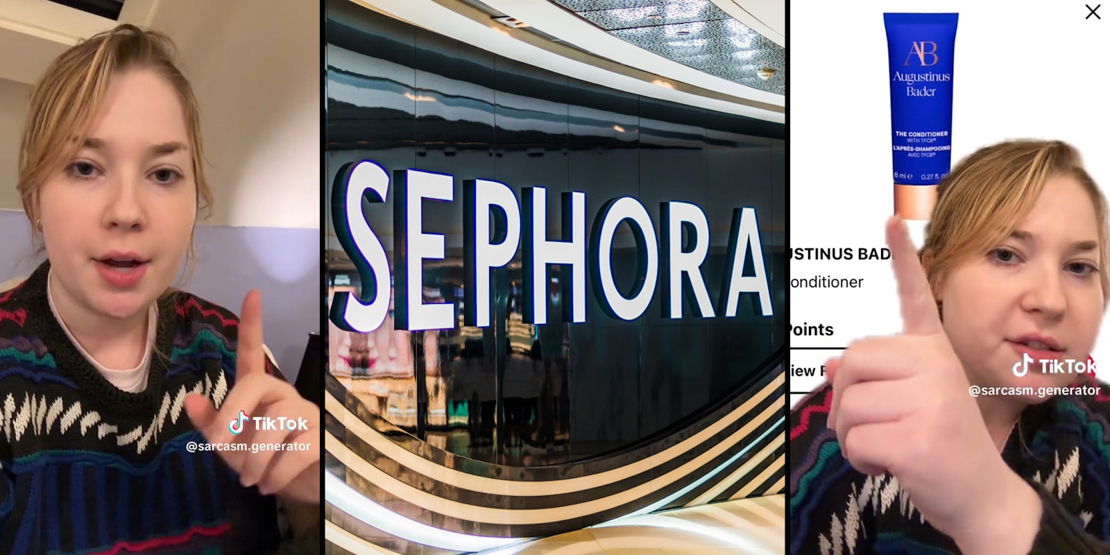 young woman with finger raised (l) sephora store (c) young woman pointing at product page (r)