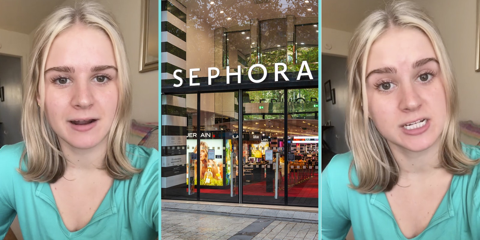 Woman talking(l+r), Sephora storefront(c)